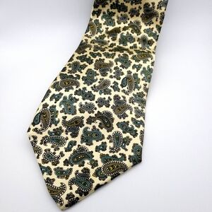Glossy Vintage 100% Silk Butter Yellow Teal Olive Paisley Luca Franzini Tie Rack